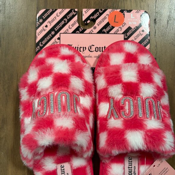 Juicy Couture Pink Checkered Fuzzy Slide Slippers Size L 9/10 NWT - Picture 2 of 3